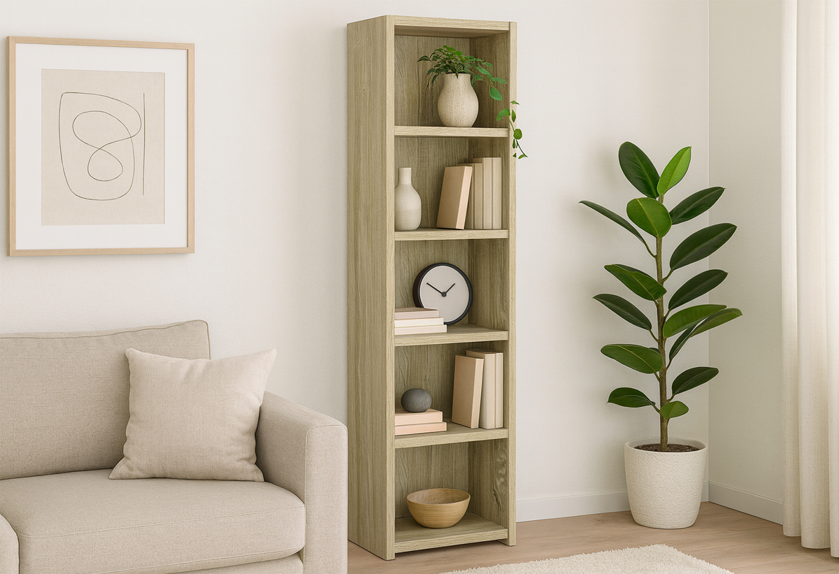 Απεικονίζεται η βιβλιοθήκη σε ένα σαλόνι.